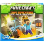 Minecraft Cave Adventure puzzle game box by ThinkFun; Steve jumping over lava in a cavern with torches and blocks, 40 challenges.
