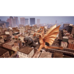 Two dragons, an orange winged dragon and a gray dragon, battle over a dense city skyline of tall buildings and rooftops.