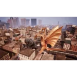 81BfZHm6T-L_SL1500___423491781276008 - Video Game Depot Two giant monsters, a dragon with orange wings and Godzilla-like creature, battle over a dense cityscape with tall buildings and streets below.