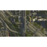 81BvGYqwaBL_SL1500___449331773762822 - Video Game Depot Aerial view of a complex urban highway interchange with multiple overpasses and looping ramps surrounded by buildings and greenery.