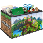 81C-EgWdJOL_AC_SL1500___895071785269509 - Video Game Depot Minecraft-themed puzzle storage box filled with school supplies and a voxel landscape scene on the sides and lid visible.