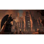81CVbj9fBSL_SL1500___850771781638979 - Video Game Depot Imposing Gothic fortress with winged statues, towering stone walls, and torches glowing in a dusky courtyard.