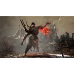 81Ezzas48KL_SL1500___088861783533869 - Video Game Depot Giant, bloodied warrior unleashes a red energy blast in a rain-soaked battlefield, with pistols strapped to his back and tents in the background.