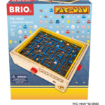 81F0rlBn8SL_AC_SL1500___658541785344548 - Video Game Depot BRIO Pac-Man Labyrinth Game box showing a wooden maze with yellow frame and a blue game board, dotted with Pac-Man ghosts on a bright blue background.