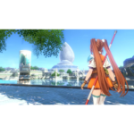 Anime-style girl with orange hair and a spear stands on a blue stone balcony, overlooking a future-style city with a large white dome monument.