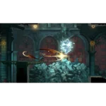 A warrior on a crumbling bridge attacks a glowing blue ice spirit amid rubble inside a ruined cathedral."