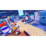 81HV0qr5TTL_SL1500___257251773681133 - Video Game Depot Colorful cartoon rooftop game scene with characters navigating a kitchen-like platform; one character in a tropical drink helmet and another with a horn, against a city backdrop and a blue refrigerator in the background.