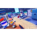 Cartoon rooftop band playing wind instruments on a sunny urban set, with colorful characters and futuristic decor in the background.