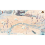 Whimsical winter landscape with snow-covered trees, a winding blue stream, and a small wooden bridge with tiny characters nearby.
