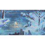Moomin character standing on a glowing ice patch in a snowy blue winter landscape.