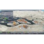 81MCSZ0z53L_SL1500___225331773762817 - Video Game Depot Screenshot of a city-building game showing a snowy landscape, orange-gray buildings, and a left-side population panel with charts.