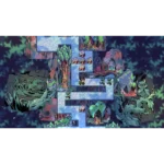 A cartoon fantasy game level with a winding icy path and a small character moving between platforms amidst trees, rocks, and mushrooms.