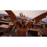 Bronze three-headed dragon with large wings soaring above a city skyline.