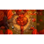 Triptych illustration of an autumn forest with a large fiery phoenix-like blaze at the center, surrounded by small, stylized figures along a stone path.