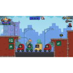 81OiboBif6L_SL1500___707341782502937 - Video Game Depot Cartoon city street in a side-scrolling game: four colorful cars with passengers drive along while a frog jumps on a platform above.