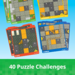 Collage of grid-based puzzle game cards in green, orange, and blue frames, showing numbered tiles and pathways; banner at bottom reads '40 Puzzle Challenges'.