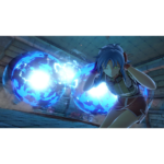 Blue-haired female anime character dodges glowing blue energy orbs in a dungeon setting, action-packed scene.