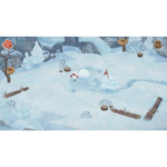 Cartoon Arctic scene: a small white creature with a red scarf pushes a large snowball toward a snow pit marked by a red flag, surrounded by snow and logs.