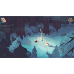 A snowy forest scene at night with two small characters near a glowing blue pond and a hanging lantern between trees.