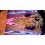 Top-down battle scene: a spiked circular boss on the right shoots pink and blue energy beams toward a small green-clad player in the arena.