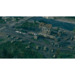 81SXNPE-XdL_SL1500___790551782506530 - Video Game Depot A WWII-era train yard by a river with a steam locomotive, tanks, and a damaged station building nearby.