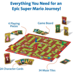 Mario-themed board game components: game board, 24 character cards, 34 maze tiles, and four playing pieces.