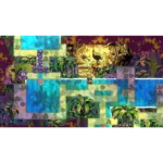 Colorful side-scrolling jungle puzzle level with blue water pools, green platforms, and a small character standing on a ledge amidst tropical plants.