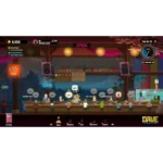 In-game bar scene with a long counter of patrons, shelves of bottles, warm pendant lights, and neon signs.