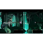 Side-scrolling fantasy game scene with a large tentacled boss on the left and a player on a wooden platform amid glowing teal pillars.