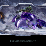 81WChqOsQuL_SL1500___279651781709893 - Video Game Depot Sci‑fi battle scene with a shiny purple hovercraft, green armored fighter leaping above, snowy battlefield and futuristic backdrop; text reads 'Endless Replayability'.