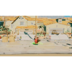 Cartoon suburban street with orange-tiled houses; a red-robed character stands on a glowing green aura in the road center.