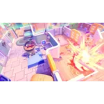 Cartoon game scene of a round character reacting to a large explosion on a colorful rooftop area.
