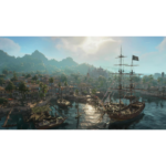 A sunlit tropical harbor with tall-masted ships docked along a busy quay and a hillside town beyond.