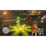 Heroine in green armor casts a glowing yellow aura on the ground while facing a crab-like monster in a dungeon arena, with party members and HUD visible on screen.