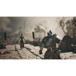 81_6UUMOelL_SL1500___150231783705462 - Video Game Depot armored knight in ornate blue armor faces a distant foe in a ruined castle courtyard under a hazy sky.