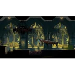 Dark fantasy dungeon scene with stone arches, dim lighting, and a large spiked log trap spanning a chasm.