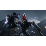 81_nOsK7eqL_SL1500___265971781638979 - Video Game Depot Hero in a blue coat clashes with a large armored robot, bolts of lightning arc around them.
