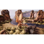 Two dragons locked in combat along a river in a lush canyon, sparks flying as they clash under towering rock formations.