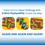 Promotional graphic about endless replayability, showing three colorful game icons and the slogan 'Again and Again and Again!'