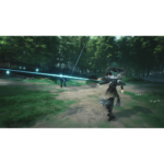 Silhouette of a warrior in dark robes swinging a glowing blue sword across a forest clearing with bamboo in the background, mid-action.