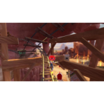 81dmAh3bOlL_SL1500___496621781702756 - Video Game Depot Character in a red hat walks along a wooden roller coaster track in a desert canyon within a video game.