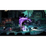 81dzSy7rJSL_SL1500___429781775853346 - Video Game Depot Battle scene in a dark ruined dungeon; two fighters clash with purple energy arcs while nearby characters watch.