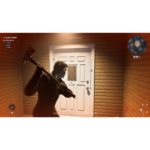 81eH5seaEUL_SL1500___955261783533600 - Video Game Depot In-game scene: a character with a large axe facing a white door in a wood-paneled hallway, ready to act.