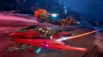 81ec_gqELWL_SL1500___550481754054253 - Video Game Depot Woman in combat gear rides a red futuristic hoverbike, firing bright orange plasma trails across a neon-lit desert landscape.