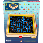 81fDy3vqvFL_AC_SL1500___895741785344548 - Video Game Depot Wooden Pac-Man style maze game with blue pathways on a black board inside a yellow frame, showing numbered holes and small Pac-Man/ghost pieces.