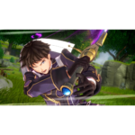Anime-style male warrior in purple armor fires a glowing golden gun in a lush outdoor battlefield cargo of green trees and rocks (action pose).