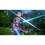 Fantasy female warrior in blue armor stands in a forest, gripping a glowing blue blade with crossed light beams behind her.