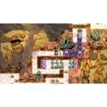 A small green-clad character stands on a rocky ledge facing a tall purple creature structure in a desert canyon.