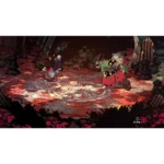 81jIyPMFG6L_SL1500___902981775853346 - Video Game Depot Three cartoon characters face a large green-armored ogre on a circular cracked platform amid red foliage.