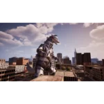 81jU0aulPNL_SL1500___020841781276008 - Video Game Depot Giant metal kaiju stomping through a city skyline, towering over buildings as it roars or moves forward.